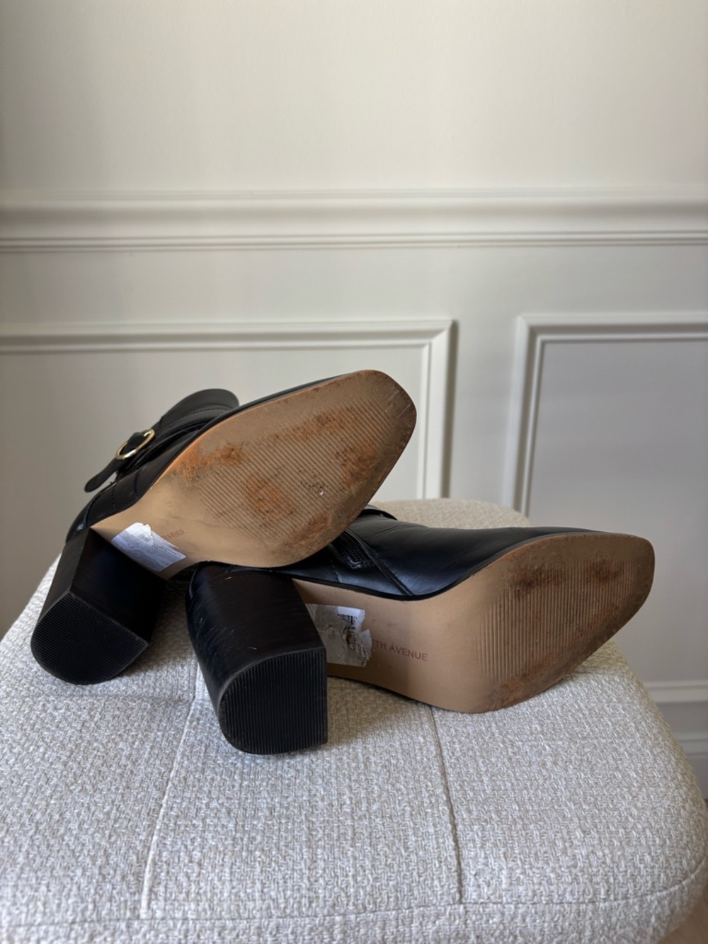 Saks Fifth Avenue Black Leather Ankle Boot with Gold Ring Strap - Picture 5 of 6